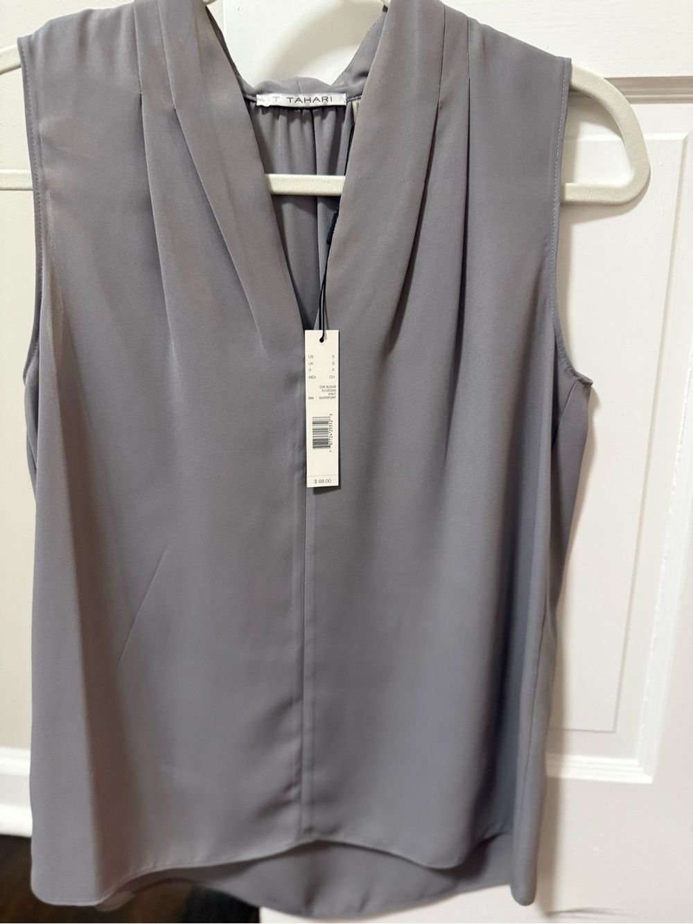 Tahari Soft Gray Sleeveless V-Neck Draped Blouse